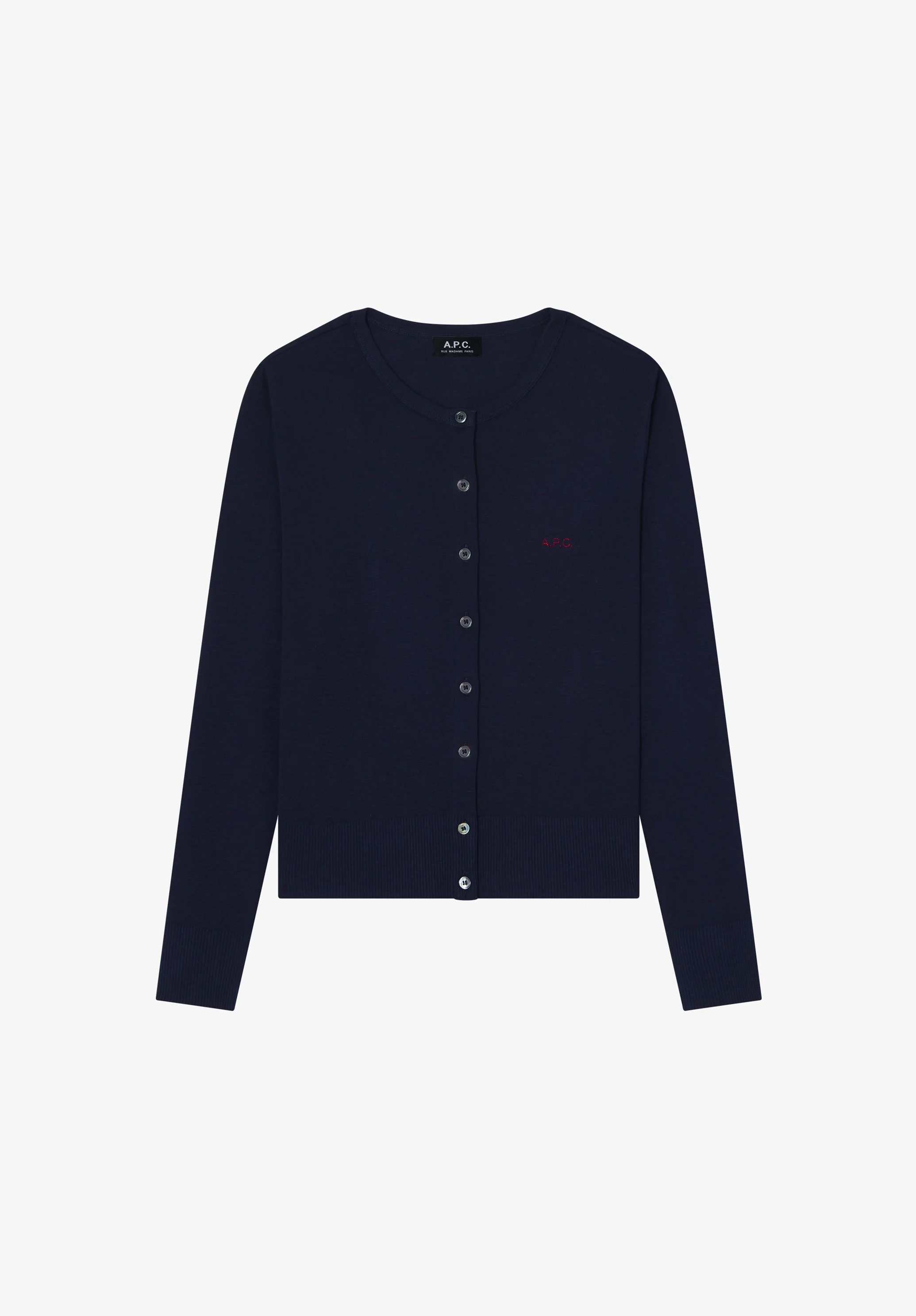 Fitted navy blue cardigan with A.P.C. micro-logo