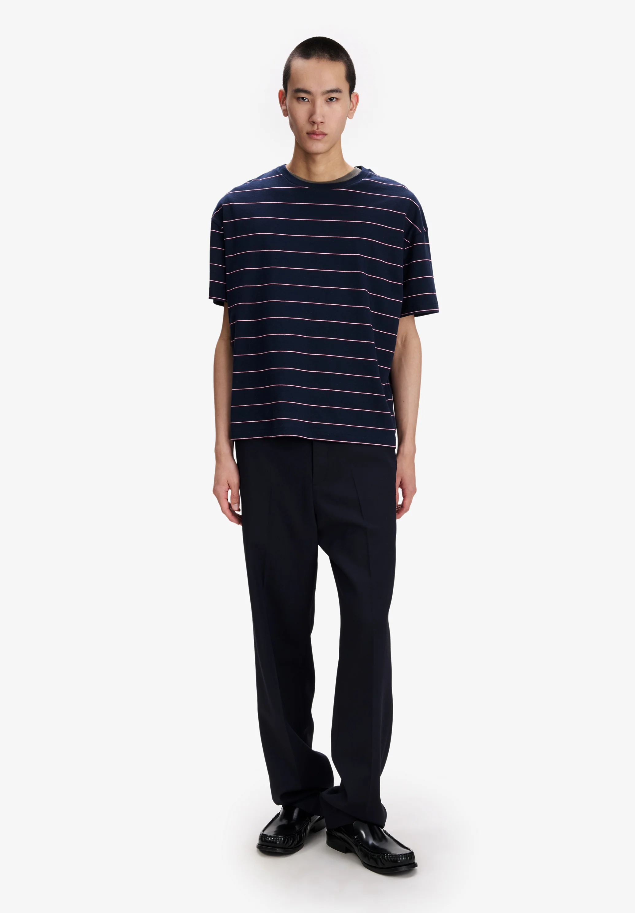 Loose navy blue t-shirt with pink stripes - Image 2