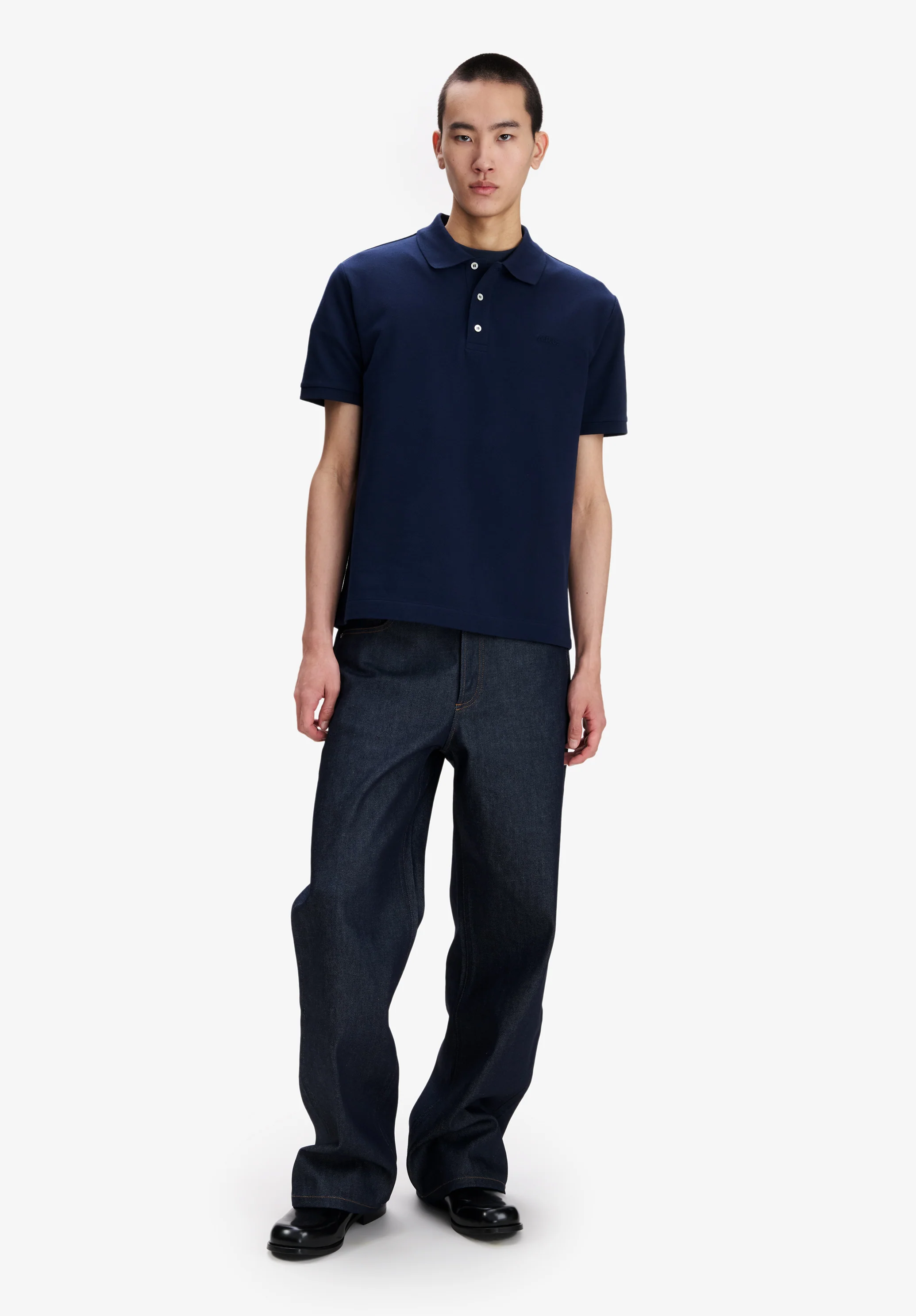Navy blue cotton piqué polo - Image 2