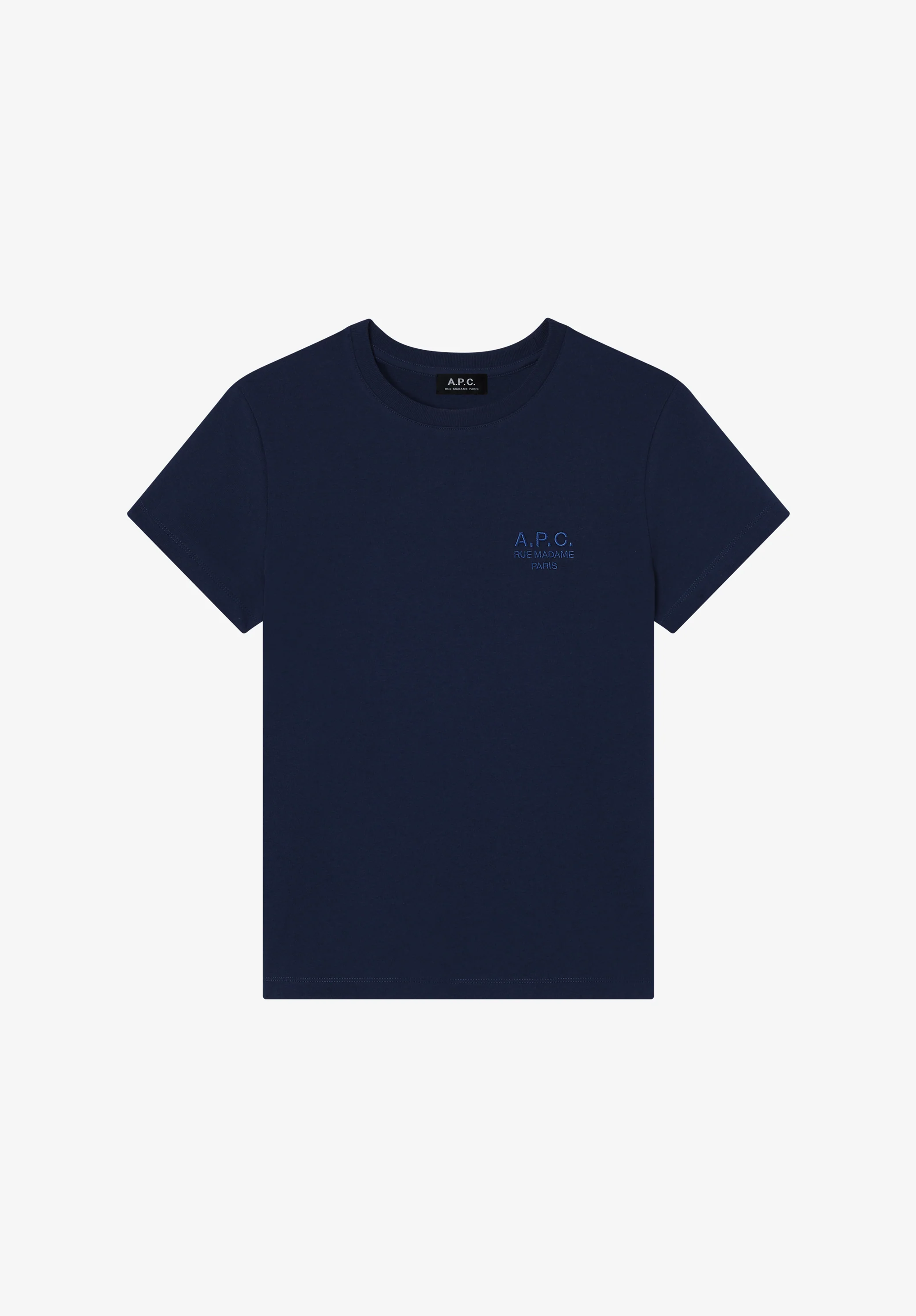 Navy blue t-shirt with A.P.C. Rue Madame logo