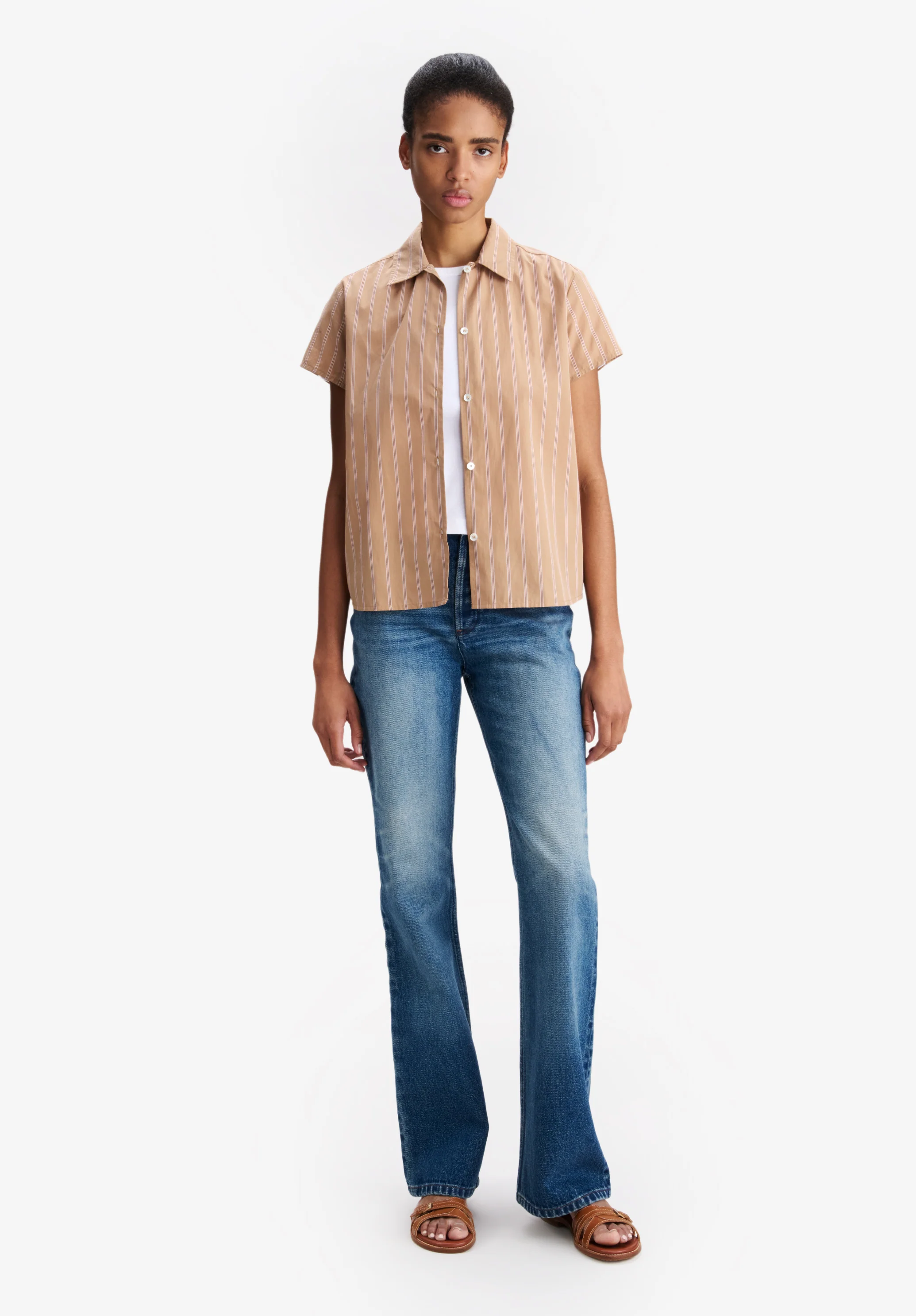 Striped beige short-sleeved shirt - Image 2