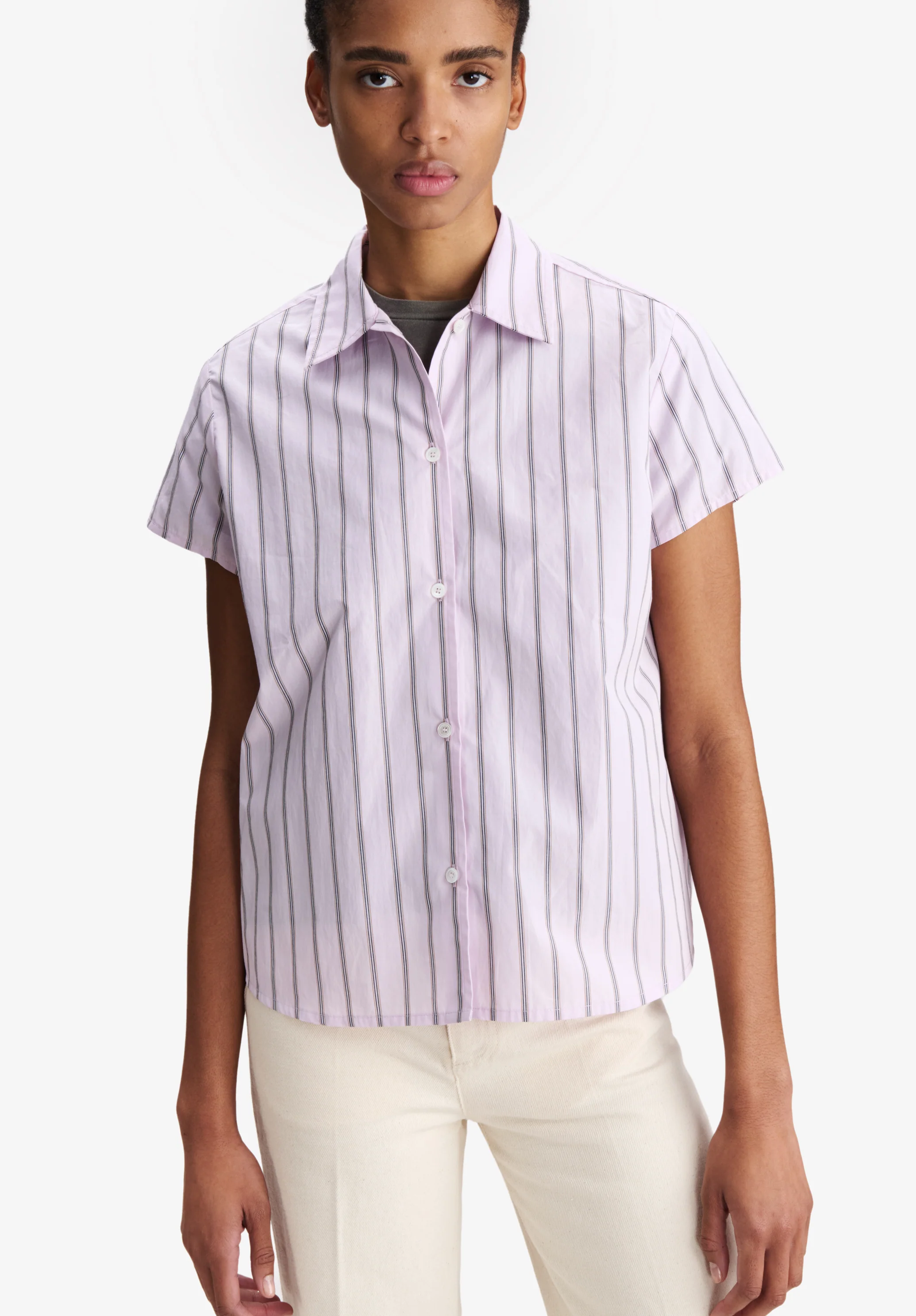Striped pink short-sleeved shirt
